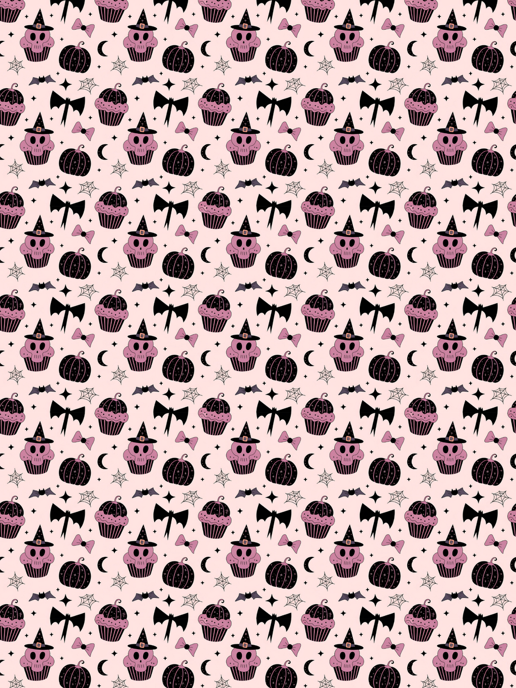  Tubie tape with a repeating   repeating Halloween pattern of pink cupcakes with witch hats, black pumpkins, bats, moons, and bows on a pale pink background. 
