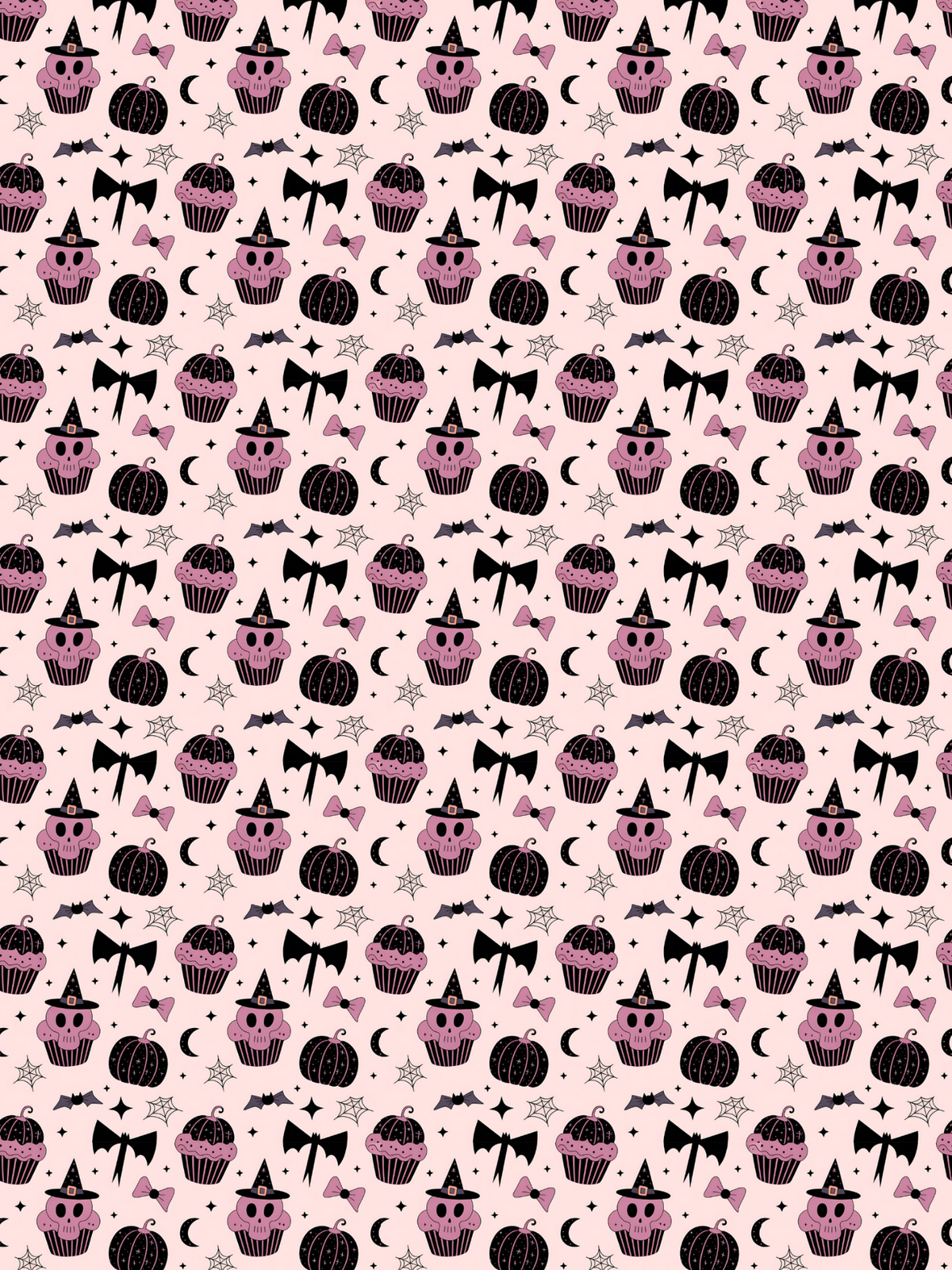  Tubie tape with a repeating   repeating Halloween pattern of pink cupcakes with witch hats, black pumpkins, bats, moons, and bows on a pale pink background. 