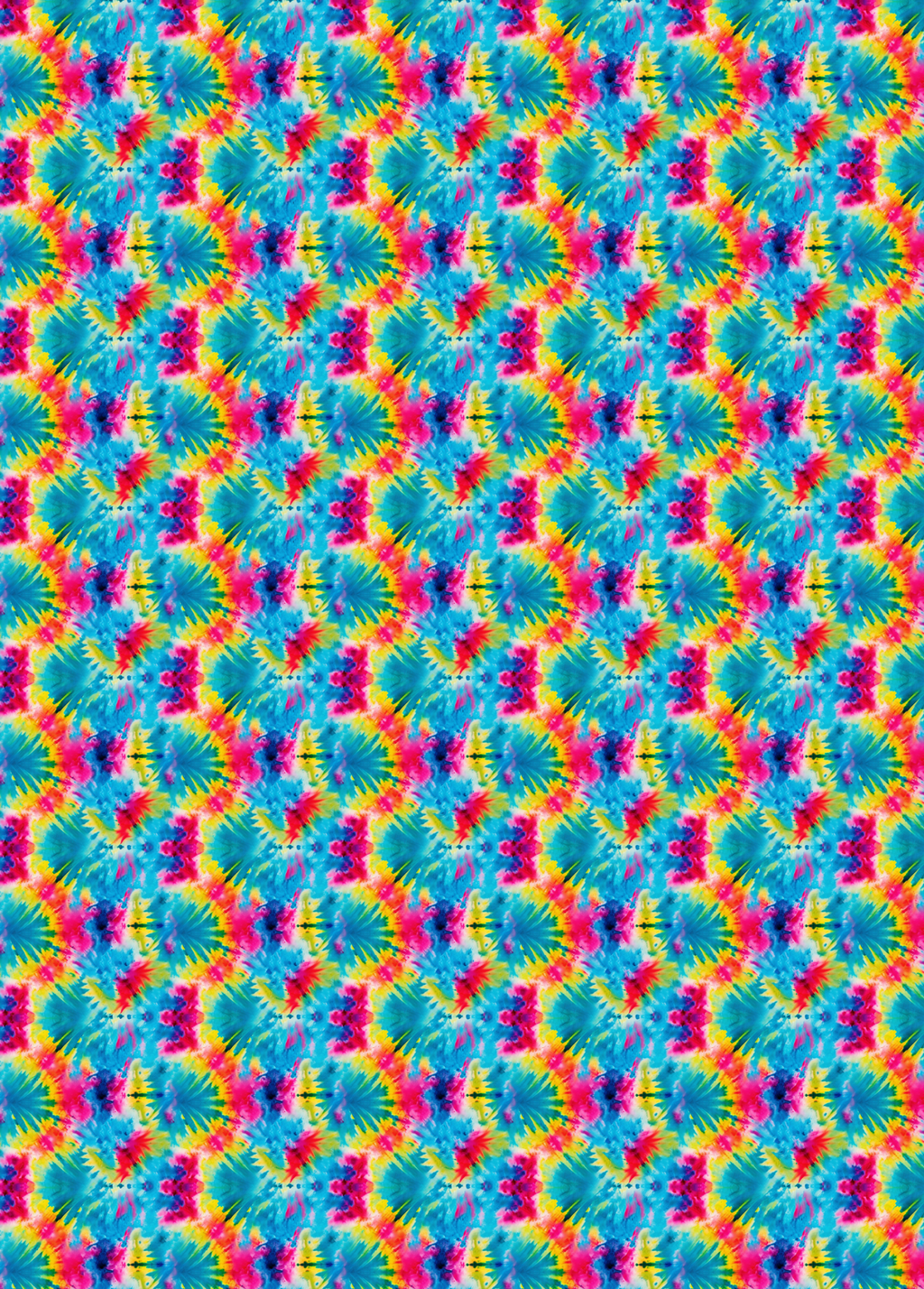 A colorful patterned tubie tape sheet with a repeating tie-dye-like design in blue, pink, yellow, and green, 