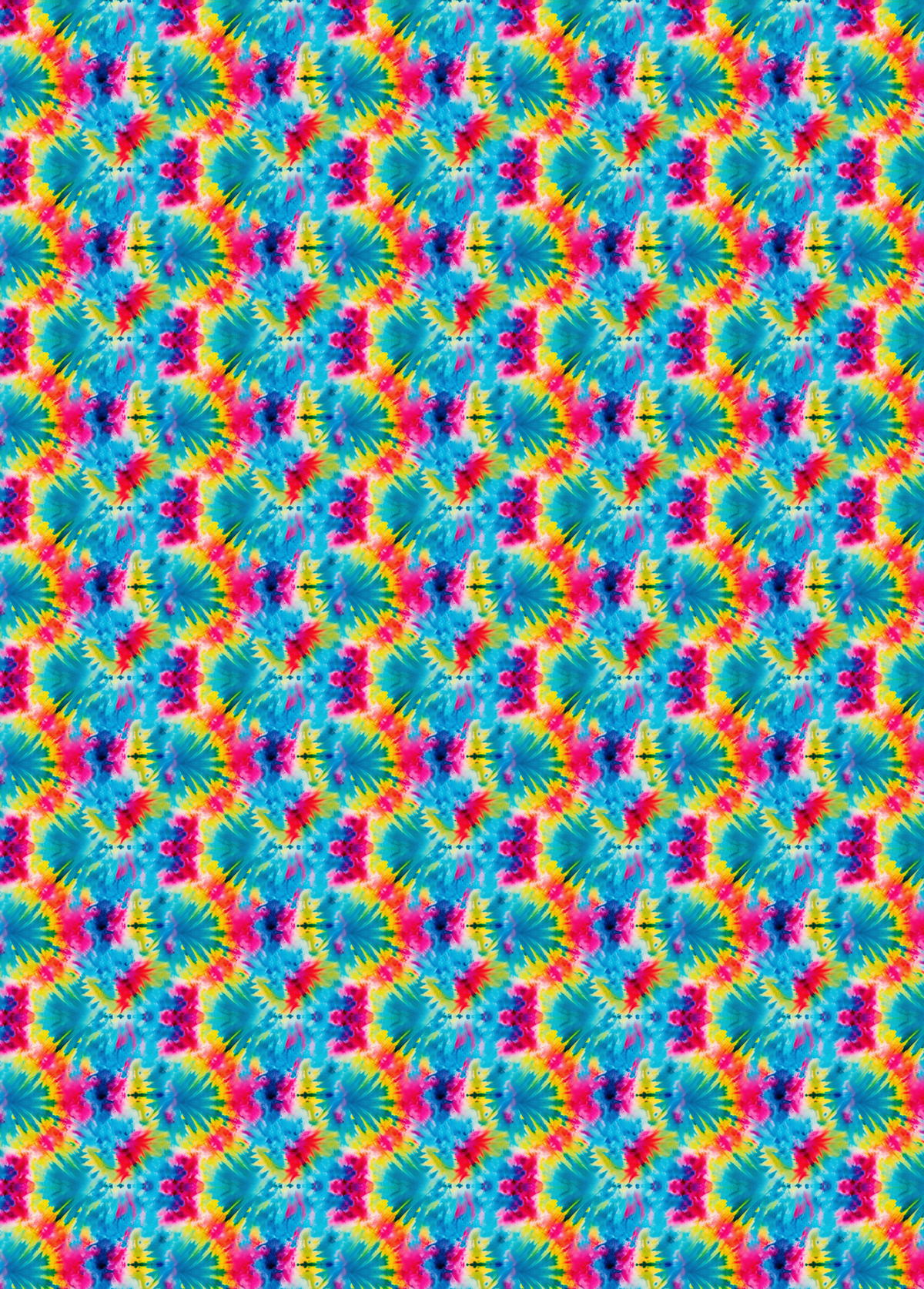 A colorful patterned tubie tape sheet with a repeating tie-dye-like design in blue, pink, yellow, and green, 