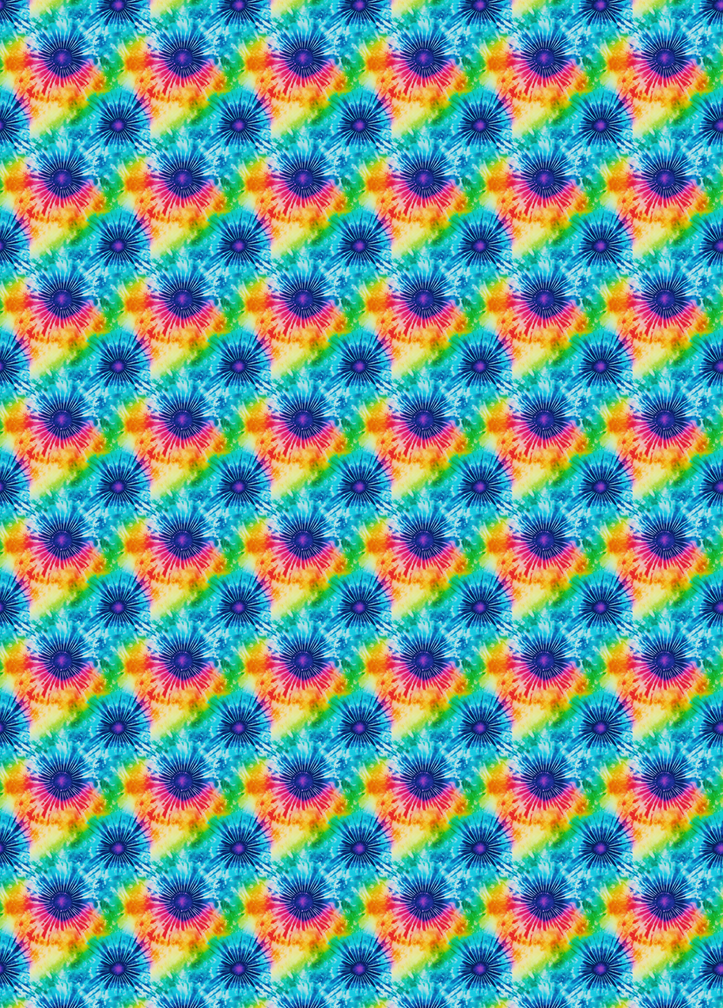 Tubie tape with a seamless repeating pattern of vibrant tie-dye floral motifs in shades of blue, purple, pink, orange, yellow, and green.