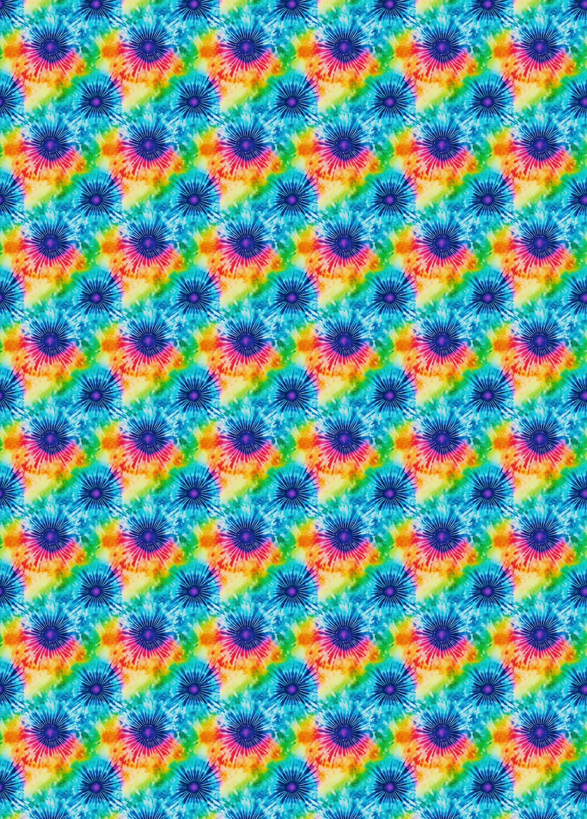 Tubie tape with a seamless repeating pattern of vibrant tie-dye floral motifs in shades of blue, purple, pink, orange, yellow, and green.