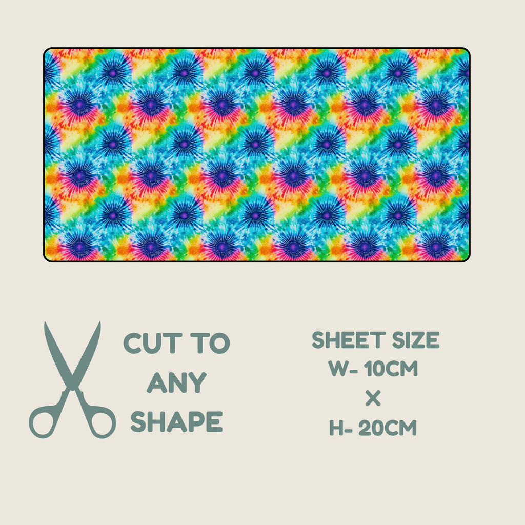  Tubie tape with a seamless repeating tie-dye floral pattern in blue, purple, yellow, orange, and green, shown on a light beige background with text reading 'CUT TO ANY SHAPE' and 'SHEET SIZE W-10CM X H-20CM'.