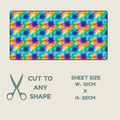  Tubie tape with a seamless repeating tie-dye floral pattern in blue, purple, yellow, orange, and green, shown on a light beige background with text reading 'CUT TO ANY SHAPE' and 'SHEET SIZE W-10CM X H-20CM'.