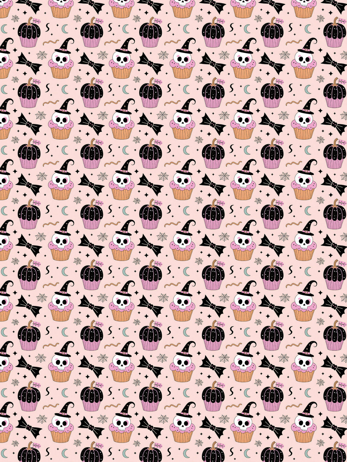 Tubie tape with a repeating  Halloween-themed pattern featuring black bats, witch hats, skull-faced cupcakes, and small decorative motifs on a light pink background.
