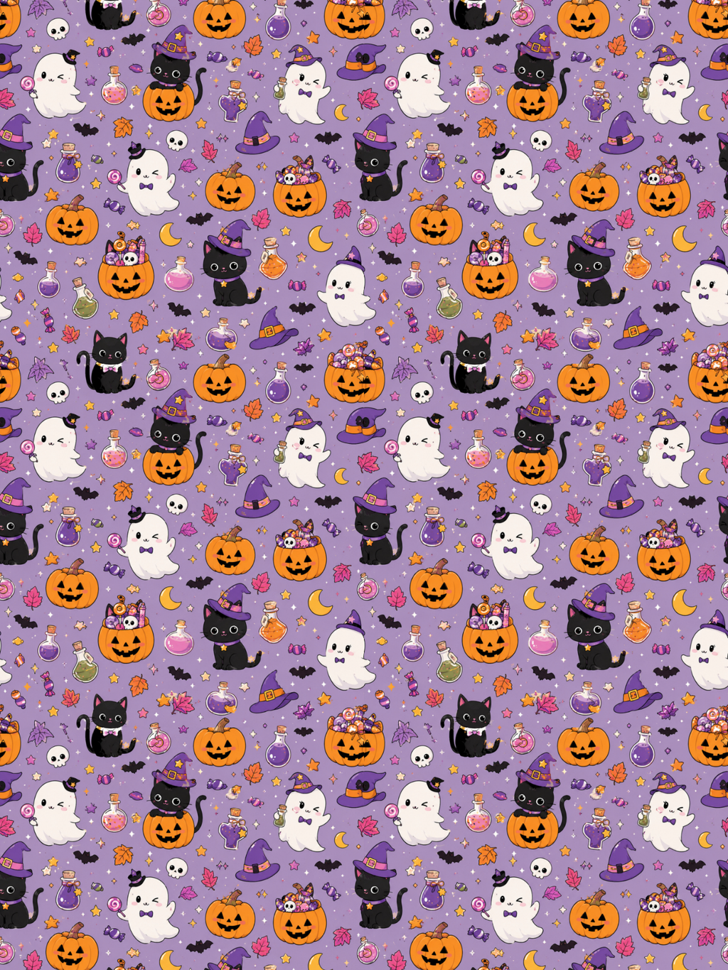 Tubie tape with a Halloween pattern on a lavender-purple background featuring orange jack-o'-lanterns, black cats in witch hats, white ghosts, skulls, bats, and small candy motifs.