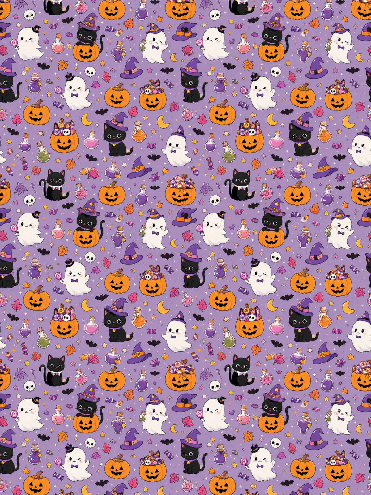  Tubie tape with a Halloween pattern on a lavender-purple background featuring orange jack-o'-lanterns, black cats in witch hats, white ghosts, skulls, bats, and small candy motifs.