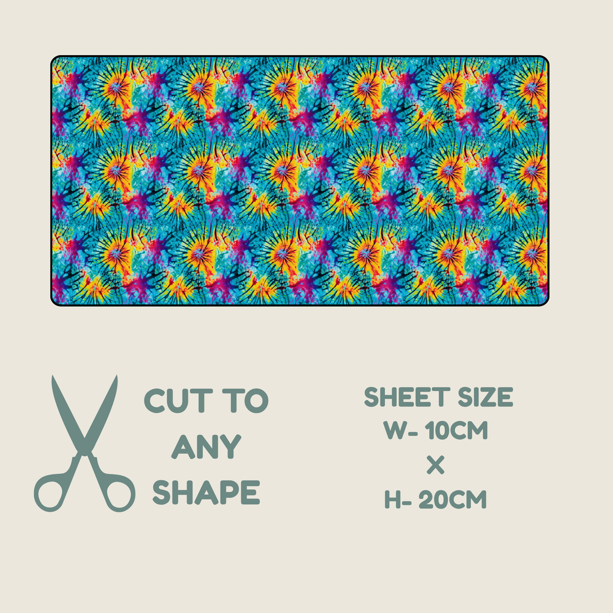 A tubie tape sheet with a colorful tie-dye-like floral burst pattern in blue, yellow, orange, pink, and purple, shown on a light beige background with text reading 'CUT TO ANY SHAPE' and 'SHEET SIZE W-10CM x H-20CM'.