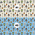 Two Halloween-themed repeating pattern swatches labeled #1 and #2. The top pattern #1 has a warm beige background with cartoon mummies, skulls, bats, ghosts, and pumpkins.
 The bottom pattern #2 has a sky blue background with cartoon mummies, skulls, bats, ghosts, and pumpkins.