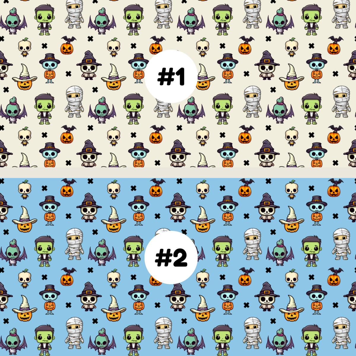 Two Halloween-themed repeating pattern swatches labeled #1 and #2. The top pattern #1 has a warm beige background with cartoon mummies, skulls, bats, ghosts, and pumpkins.
 The bottom pattern #2 has a sky blue background with cartoon mummies, skulls, bats, ghosts, and pumpkins.
