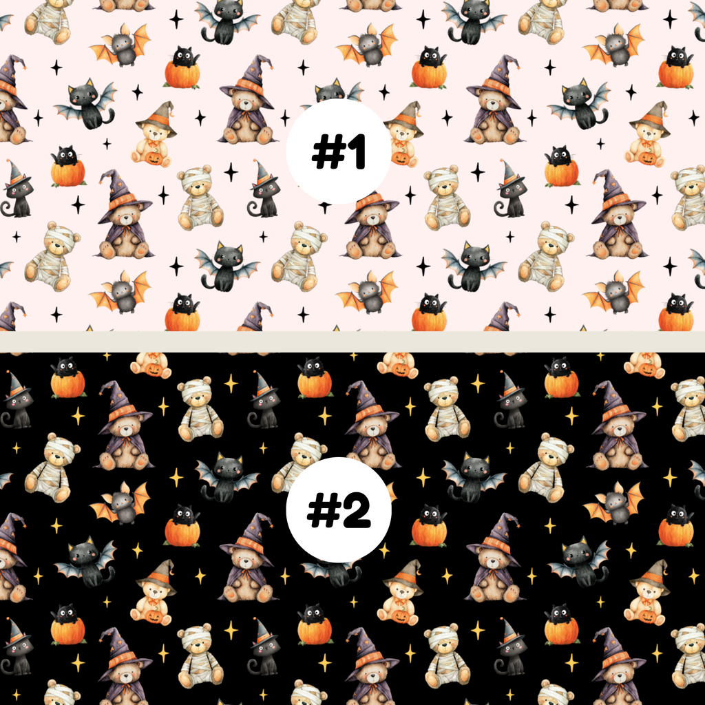 Two Halloween-themed repeating pattern swatches labeled #1 and #2. The top pattern #1 features teddy bears in witch hats, black cats, bats, and pumpkins on a pale pink background.
The bottom pattern #2 features teddy bears in witch hats, black cats, bats, and pumpkins on a black background.