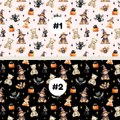 Two Halloween-themed repeating pattern swatches labeled #1 and #2. The top pattern #1 features teddy bears in witch hats, black cats, bats, and pumpkins on a pale pink background.
The bottom pattern #2 features teddy bears in witch hats, black cats, bats, and pumpkins on a black background.