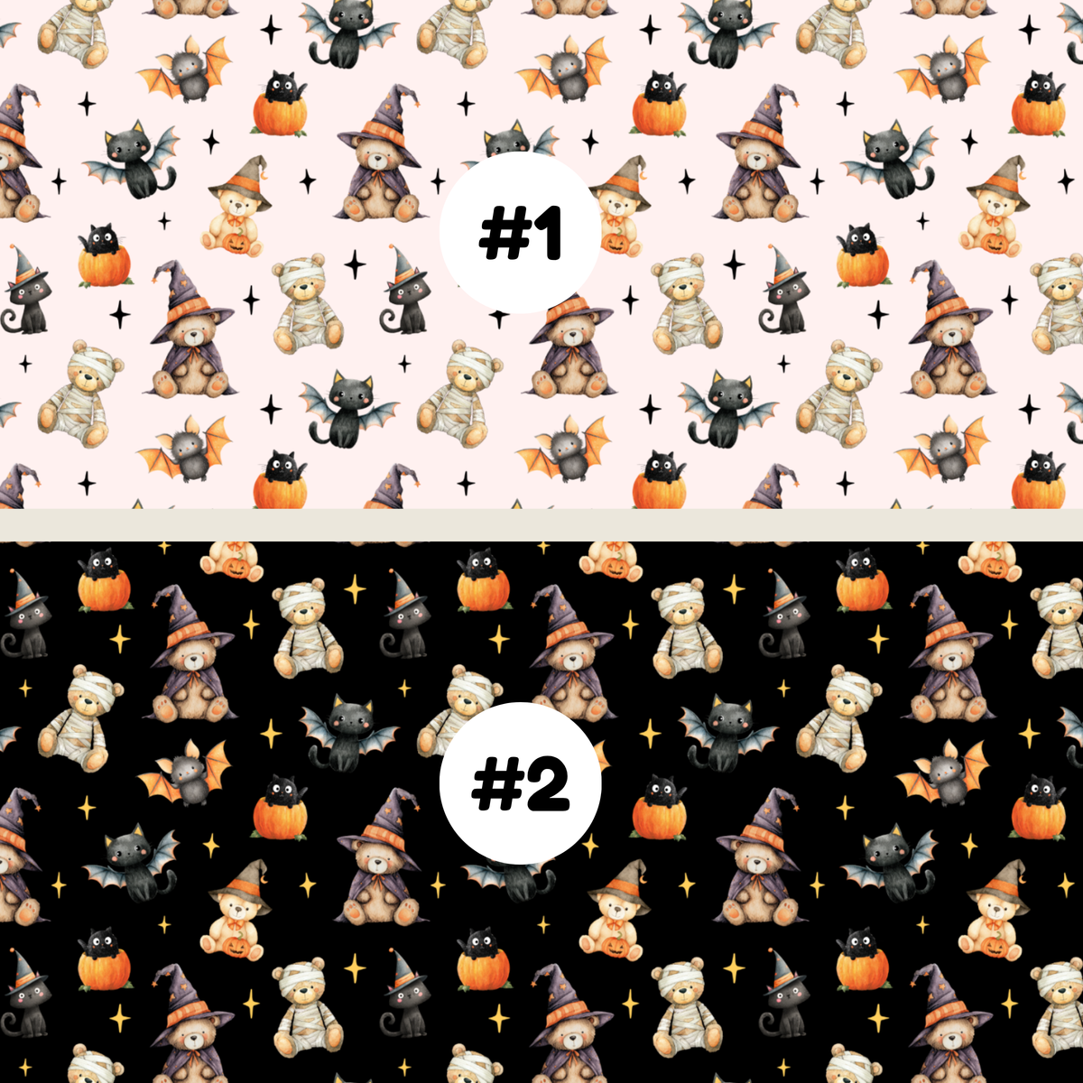 Two Halloween-themed repeating pattern swatches labeled #1 and #2. The top pattern #1 features teddy bears in witch hats, black cats, bats, and pumpkins on a pale pink background.
The bottom pattern #2 features teddy bears in witch hats, black cats, bats, and pumpkins on a black background.