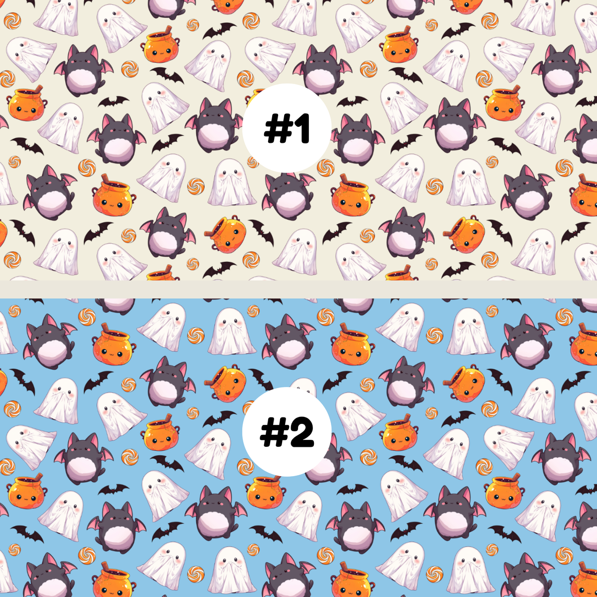 Two Halloween-themed repeating fabric or wallpaper patterns shown side by side, labeled #1 and #2. The top pattern #1 has a warm beige background with white ghosts, dark gray cats, orange pumpkins, black bats, and small orange swirls.
 The bottom pattern #2 has a blue background with white ghosts, dark gray cats, orange pumpkins, black bats, and small orange swirls.