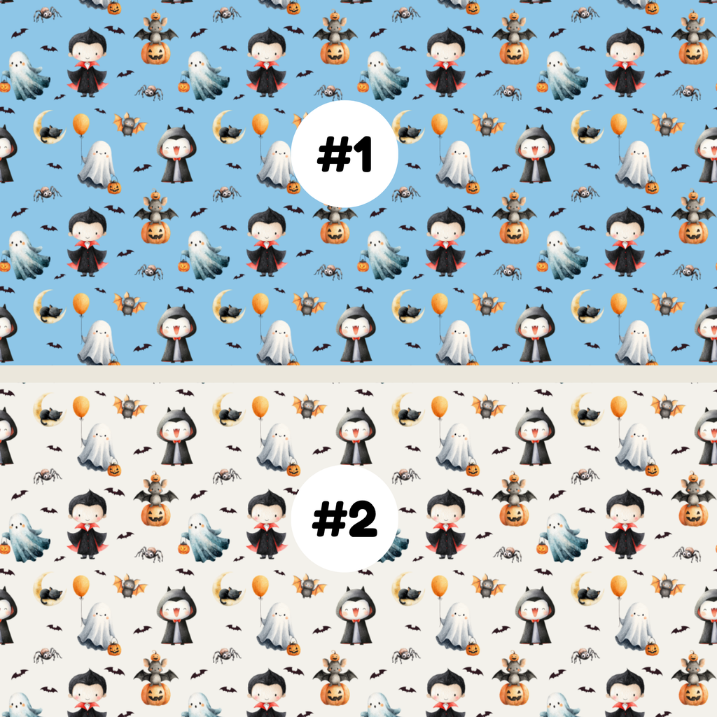 Two Halloween-themed repeating pattern swatches labeled #1 and #2. The top pattern #1 features cute cartoon vampire, ghost, pumpkin, bat, and moon motifs on a light blue background. The top pattern #2 features cute cartoon vampire, ghost, pumpkin, bat, and moon motifs on a white background.
