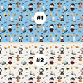 Two Halloween-themed repeating pattern swatches labeled #1 and #2. The top pattern #1 features cute cartoon vampire, ghost, pumpkin, bat, and moon motifs on a light blue background. The top pattern #2 features cute cartoon vampire, ghost, pumpkin, bat, and moon motifs on a white background.
