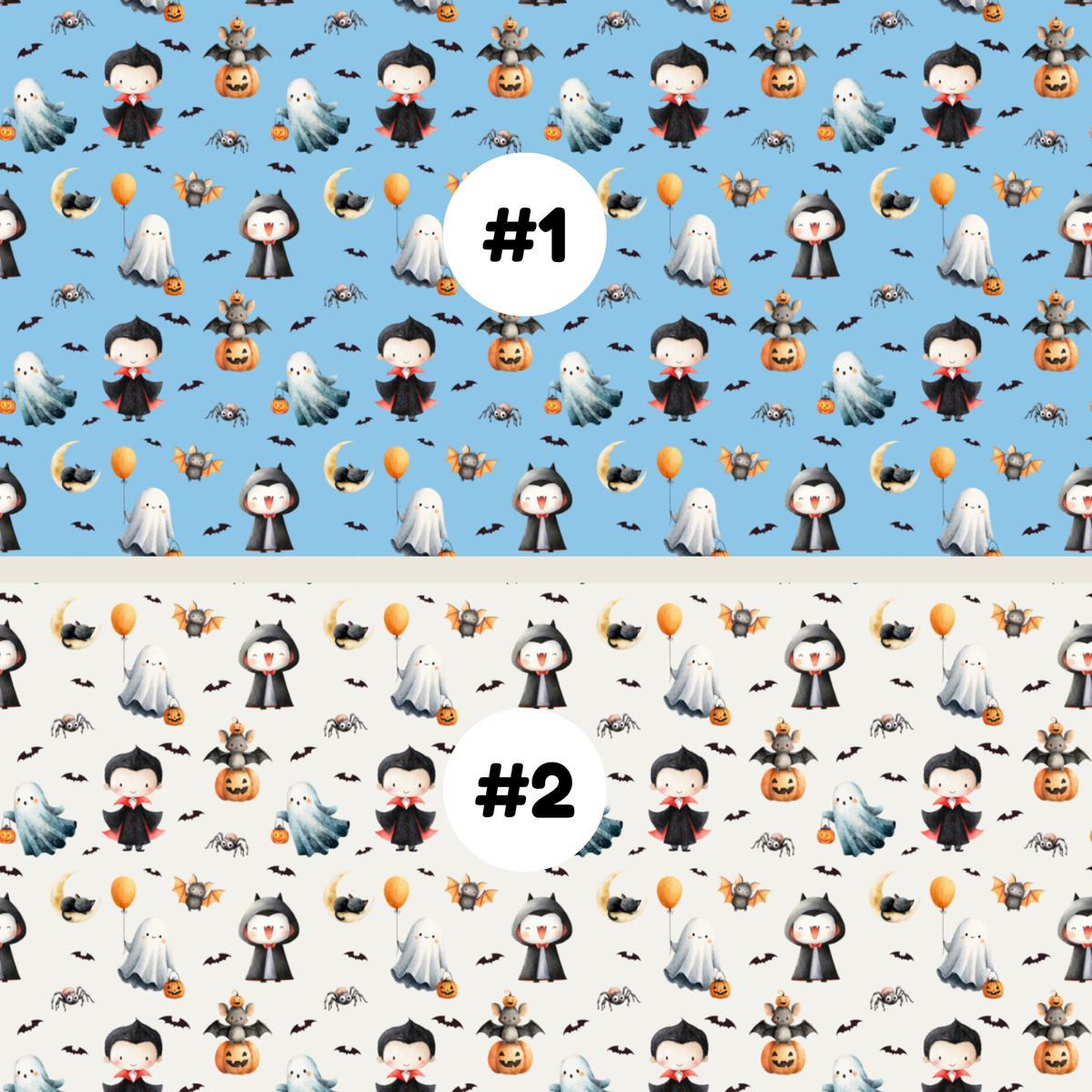 Two Halloween-themed repeating pattern swatches labeled #1 and #2. The top pattern #1 features cute cartoon vampire, ghost, pumpkin, bat, and moon motifs on a light blue background. The top pattern #2 features cute cartoon vampire, ghost, pumpkin, bat, and moon motifs on a white background.
