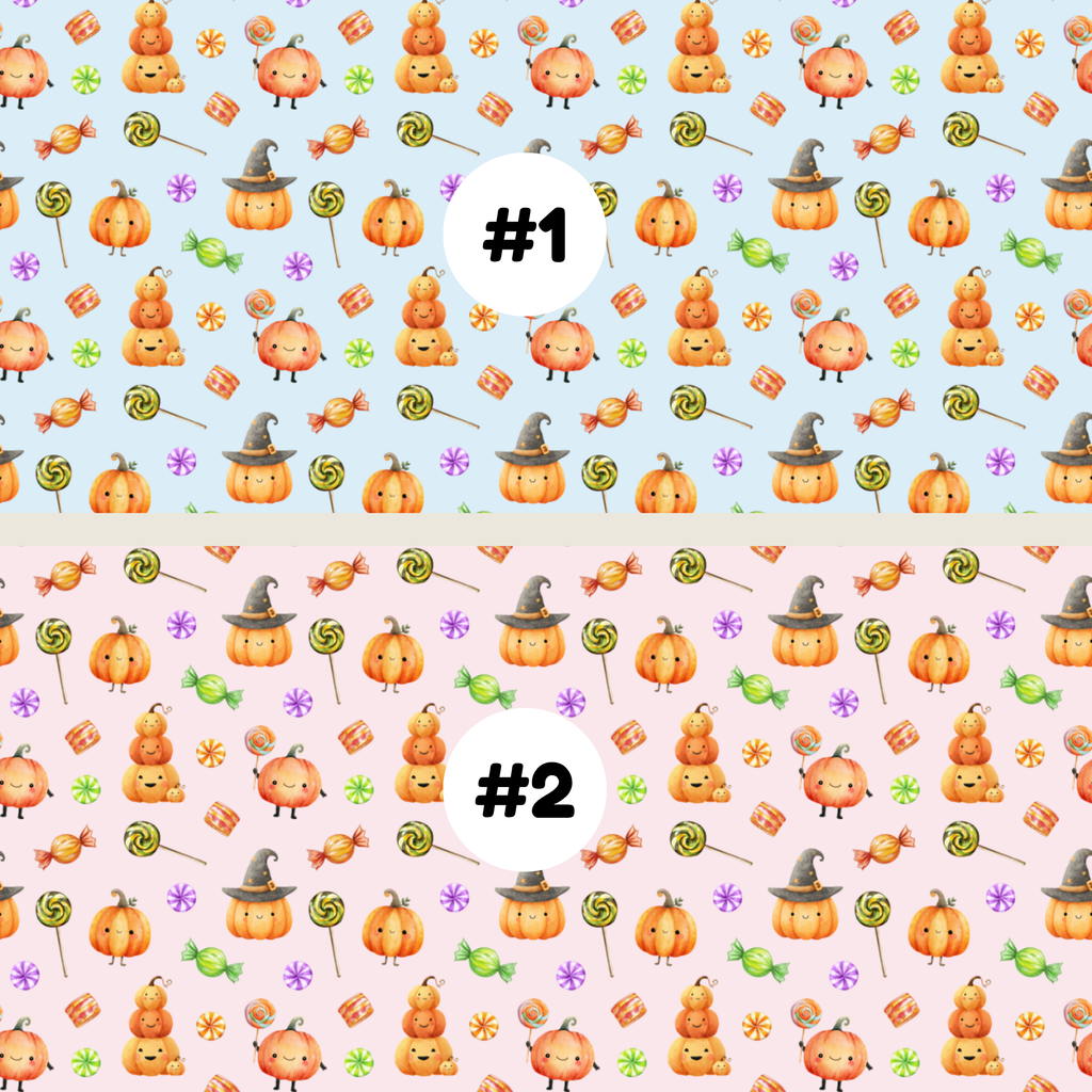 Two Halloween-themed repeating pattern swatches labeled #1 and #2. The top swatch #1 has a light blue background with orange pumpkins, lollipops, sweets, and witch hats.
The bottom swatch #2 has a light pink background with orange pumpkins, lollipops, sweets, and witch hats.