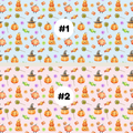 Two Halloween-themed repeating pattern swatches labeled #1 and #2. The top swatch #1 has a light blue background with orange pumpkins, lollipops, sweets, and witch hats.
The bottom swatch #2 has a light pink background with orange pumpkins, lollipops, sweets, and witch hats.