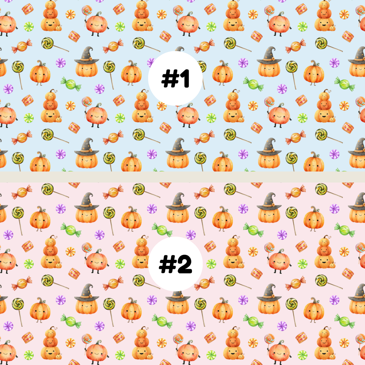 Two Halloween-themed repeating pattern swatches labeled #1 and #2. The top swatch #1 has a light blue background with orange pumpkins, lollipops, sweets, and witch hats.
The bottom swatch #2 has a light pink background with orange pumpkins, lollipops, sweets, and witch hats.