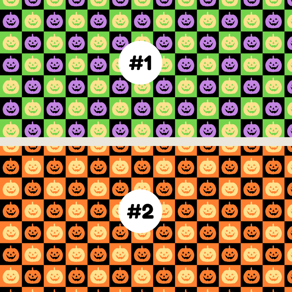 Two tubie tape Halloween-themed checkerboard pattern swatches labeled #1 and #2. The top swatch (#1) features green, purple, and orange pumpkins on a black background, while the bottom swatch (#2) features orange, yellow, and black pumpkins on a black background.