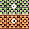 Two tubie tape Halloween-themed checkerboard pattern swatches labeled #1 and #2. The top swatch (#1) features green, purple, and orange pumpkins on a black background, while the bottom swatch (#2) features orange, yellow, and black pumpkins on a black background.