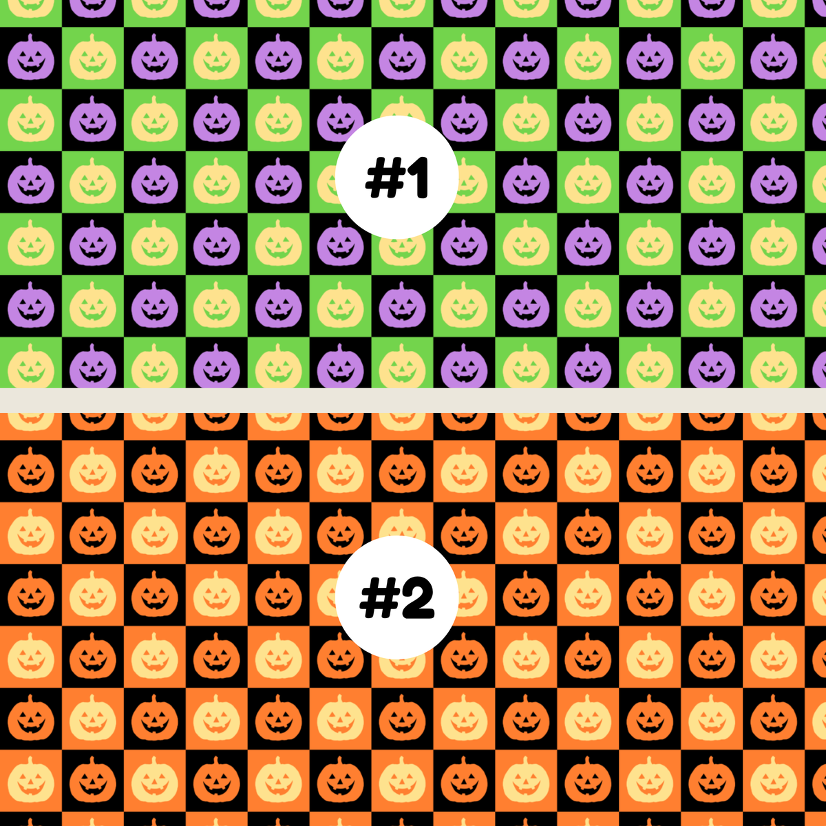 Two tubie tape Halloween-themed checkerboard pattern swatches labeled #1 and #2. The top swatch (#1) features green, purple, and orange pumpkins on a black background, while the bottom swatch (#2) features orange, yellow, and black pumpkins on a black background.