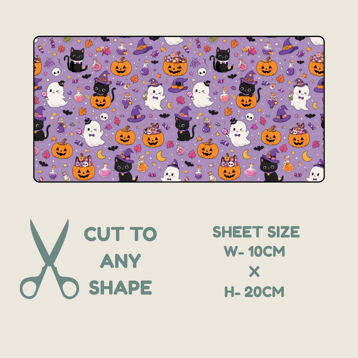 A Halloween-themed tubie tape preview on a light beige background. The top panel shows a lavender-purple rectangular sheet filled with repeating cartoon motifs including orange pumpkins, black and white cats, ghosts, witches' hats, bats, and small purple decorative elements.