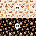 Two Halloween-themed repeating pattern swatches labeled #1 and #2. The top swatch #1 has a light beige background with orange pumpkins, candy canes, and witch hats.
The bottom swatch #2 has a black background with orange pumpkins, candy canes, and witch hats.