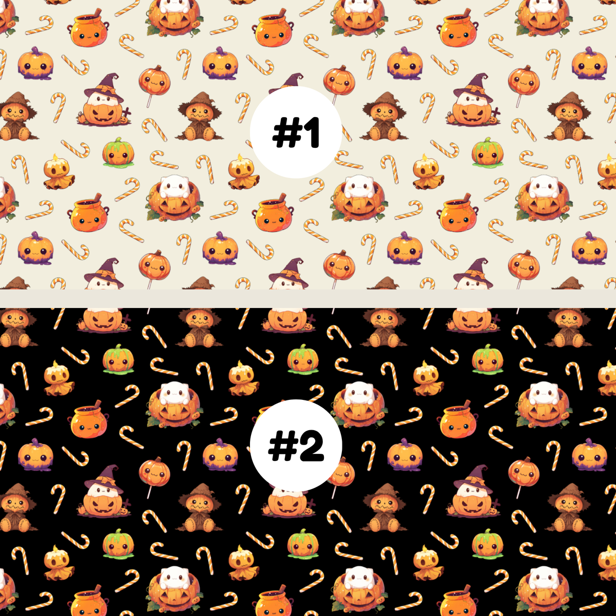 Two Halloween-themed repeating pattern swatches labeled #1 and #2. The top swatch #1 has a light beige background with orange pumpkins, candy canes, and witch hats.
The bottom swatch #2 has a black background with orange pumpkins, candy canes, and witch hats.