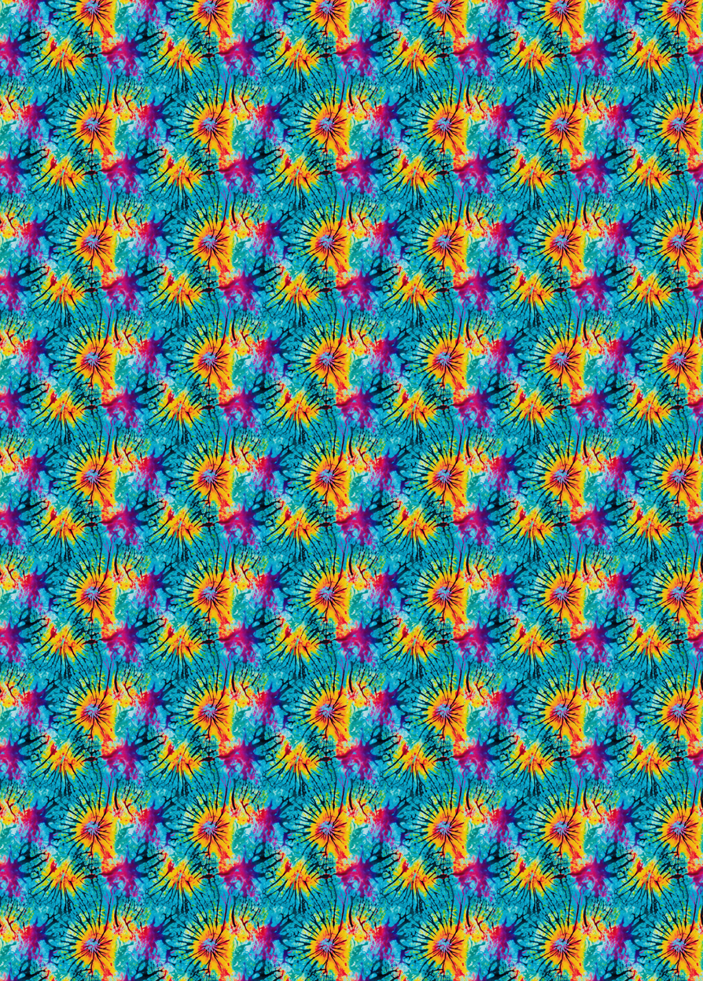 A tubie tape sheet with a seamless repeating pattern featuring stylized tropical floral motifs in vibrant shades of yellow, orange, magenta, and purple over a bright turquoise blue background.