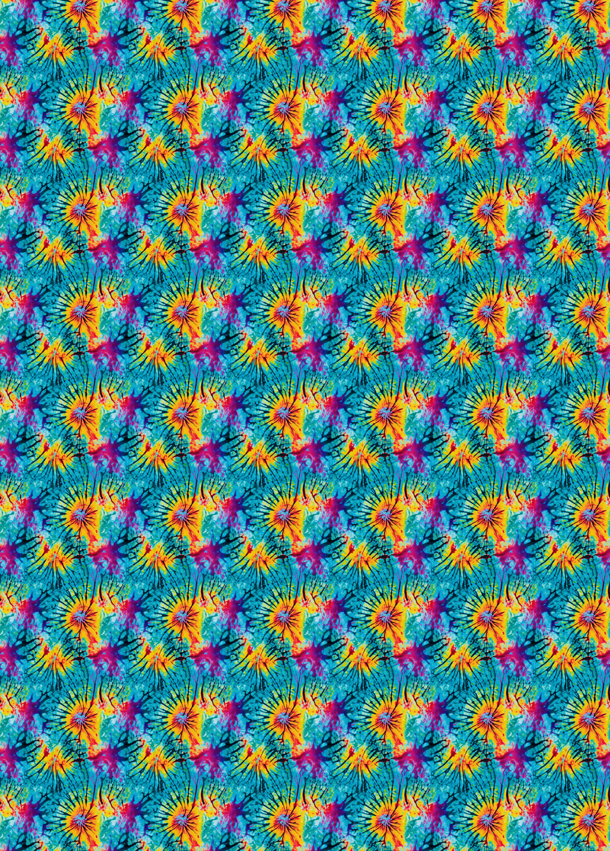 A tubie tape sheet with a seamless repeating pattern featuring stylized tropical floral motifs in vibrant shades of yellow, orange, magenta, and purple over a bright turquoise blue background.