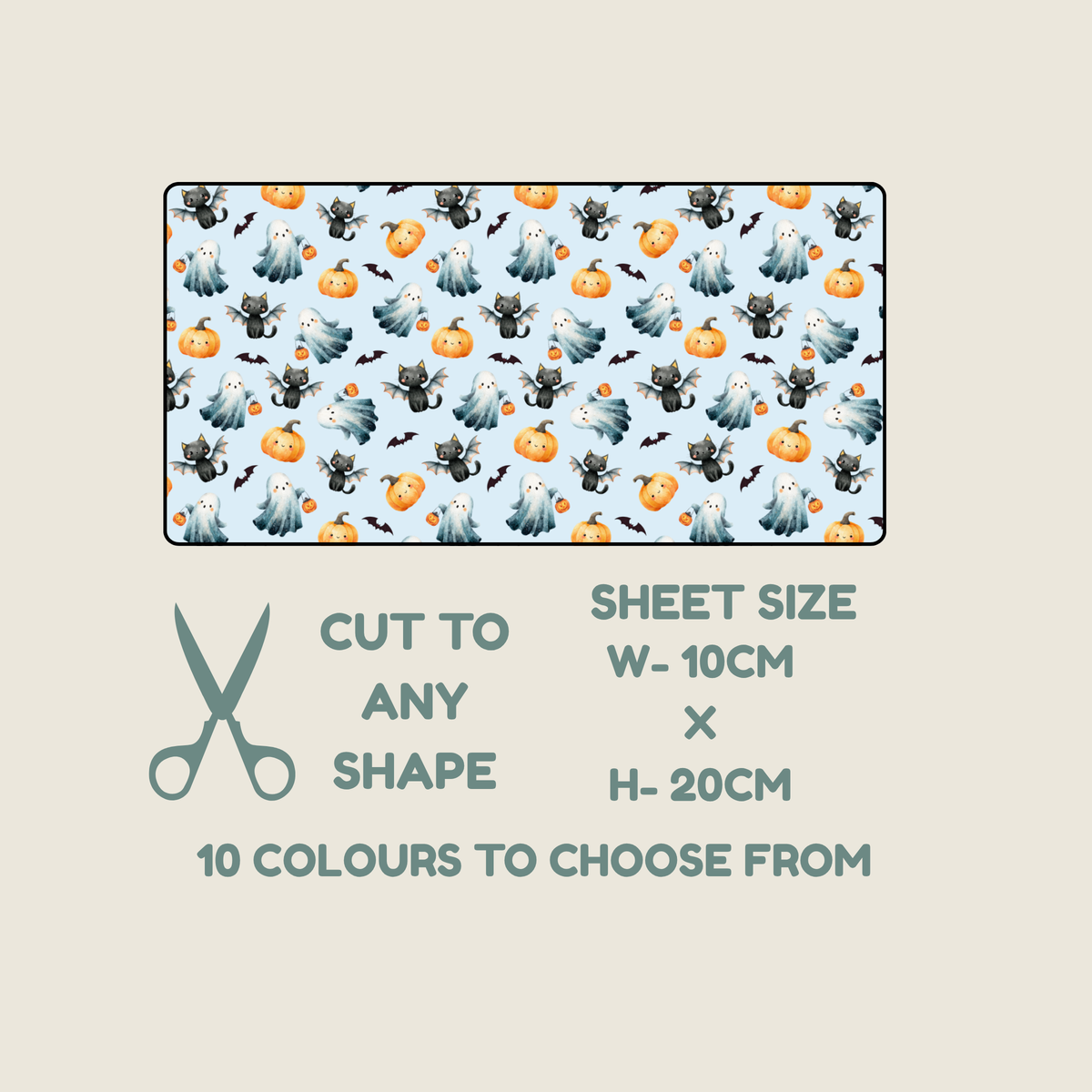 A fabric tubie tape pattern swatch showing a repeating Halloween-themed print with ghosts, pumpkins, bats, and cats on a light blue background, plus text below stating cut to any shape, sheet size 10cm x 20cm, and 10 colours to choose from.