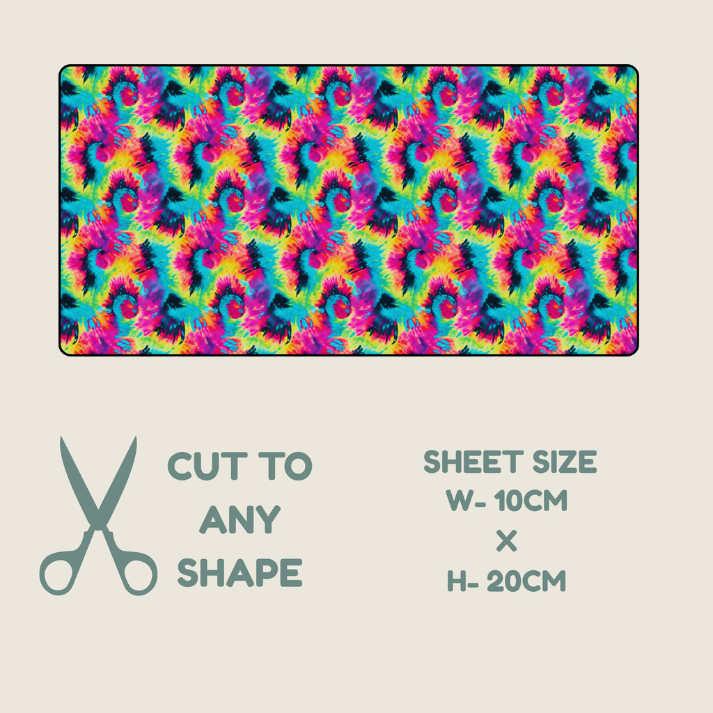  Tubie tape with a seamless repeating pattern featuring stylized, colorful tie-dye in shades of pink, purple, blue, yellow, and black on a bright cyan background