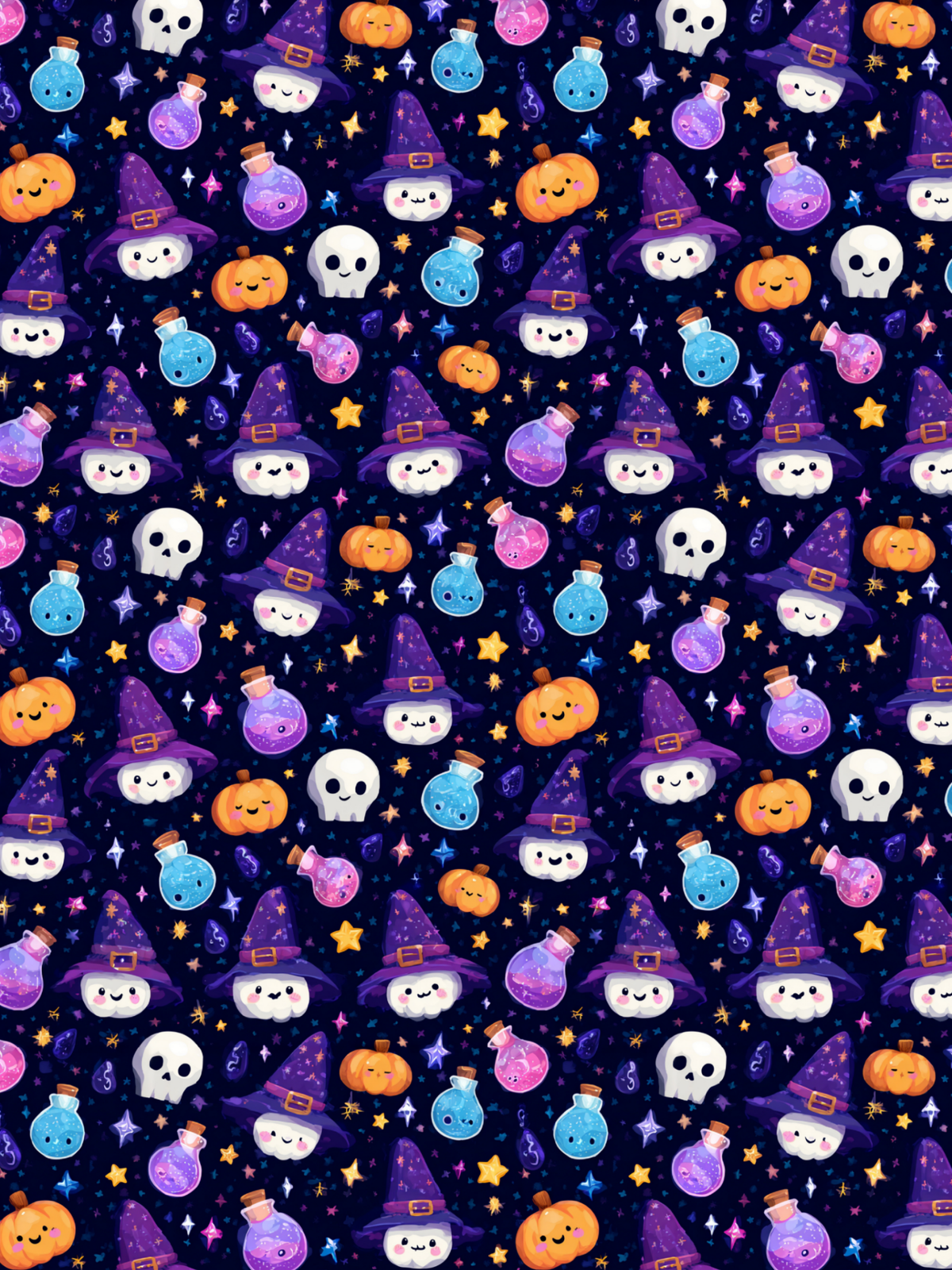 Tubie tape with a repeating  Halloween pattern featuring cute cartoon skulls, orange pumpkins, purple potion bottles, and witch hats on a dark navy starry background.