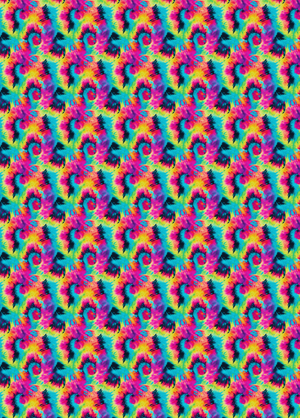 Tubie tape with a seamless repeating pattern featuring stylized, colorful tie-dye in shades of pink, purple, blue, yellow, and black on a bright cyan background