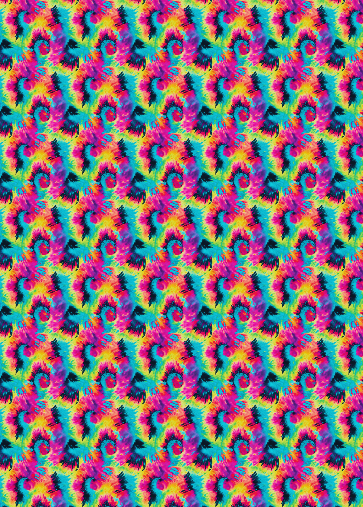  Tubie tape with a seamless repeating pattern featuring stylized, colorful tie-dye in shades of pink, purple, blue, yellow, and black on a bright cyan background