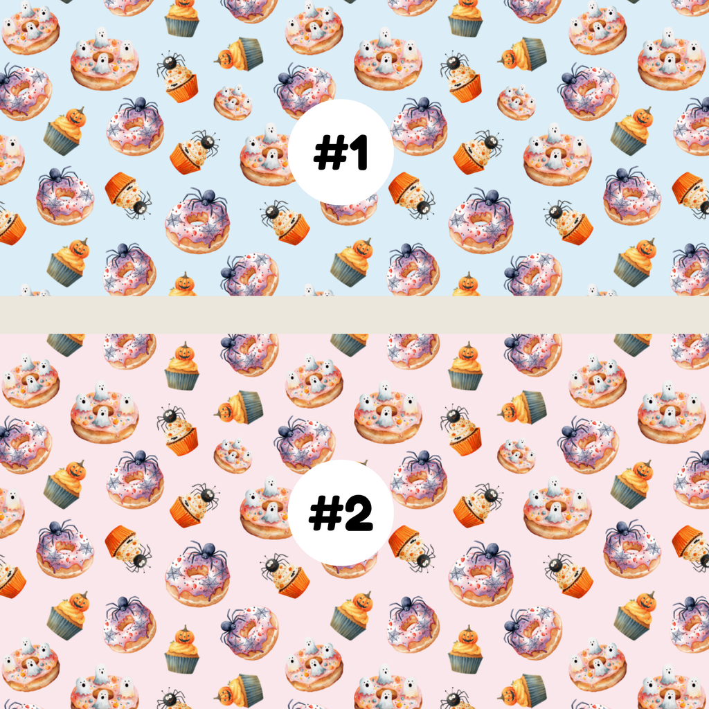 Two Halloween-themed repeating pattern swatches labeled #1 and #2. The top pattern (#1) has a light blue background with orange, purple, and brown spooky treats like cupcakes, ghosts, and spiders.
the bottom #2 has a light pink background with orange, purple, and brown spooky treats like cupcakes, ghosts, and spiders.