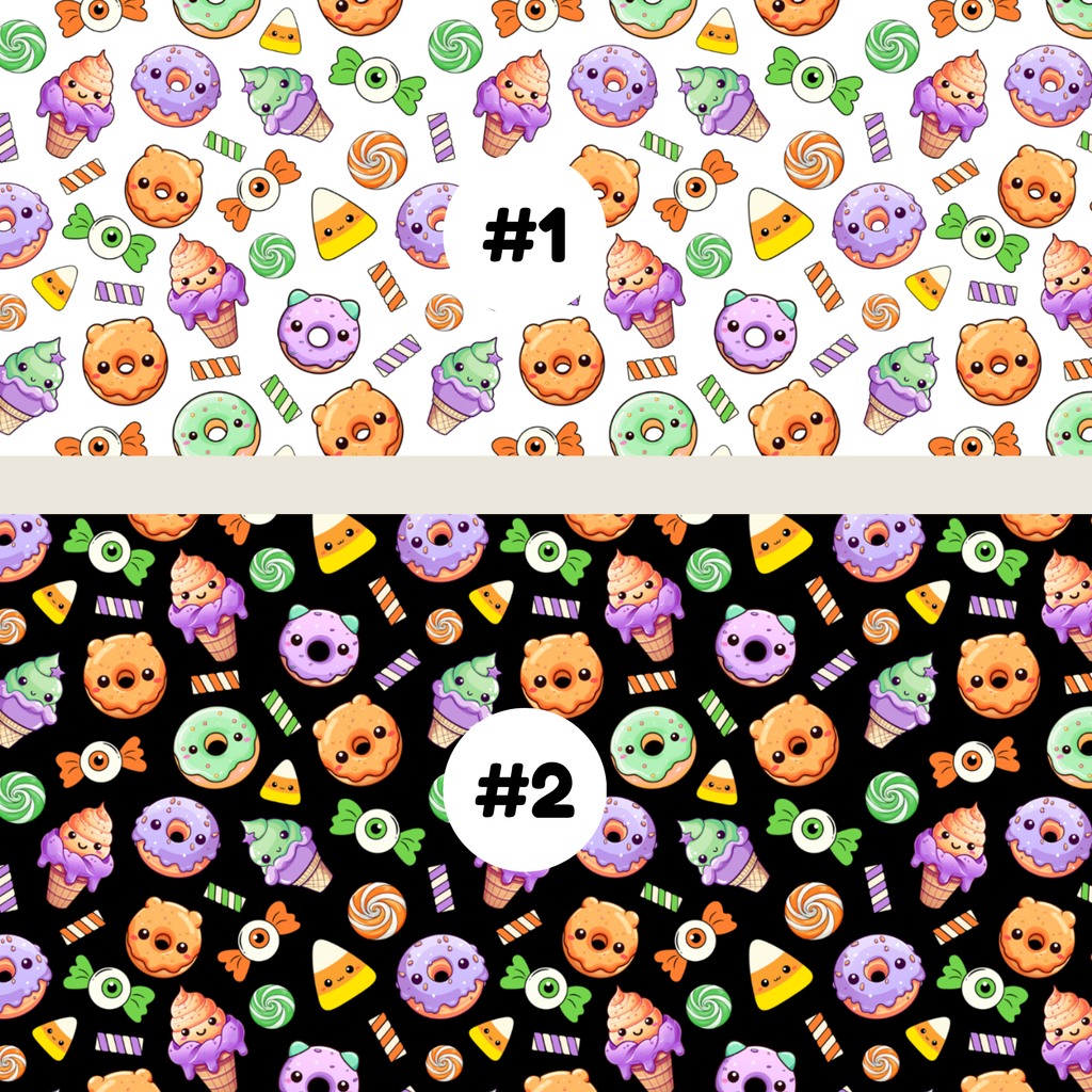 Two repeating candy-themed pattern swatches labeled #1 and #2. The top swatch #1 has a white background with small illustrated treats including donuts, lollipops, ice cream cones, candy corn, and ghosts in pastel colors.
the bottom swatch #2 black background with small illustrated treats including donuts, lollipops, ice cream cones, candy corn, and ghosts in pastel colors.