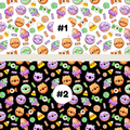 Two repeating candy-themed pattern swatches labeled #1 and #2. The top swatch #1 has a white background with small illustrated treats including donuts, lollipops, ice cream cones, candy corn, and ghosts in pastel colors.
the bottom swatch #2 black background with small illustrated treats including donuts, lollipops, ice cream cones, candy corn, and ghosts in pastel colors.