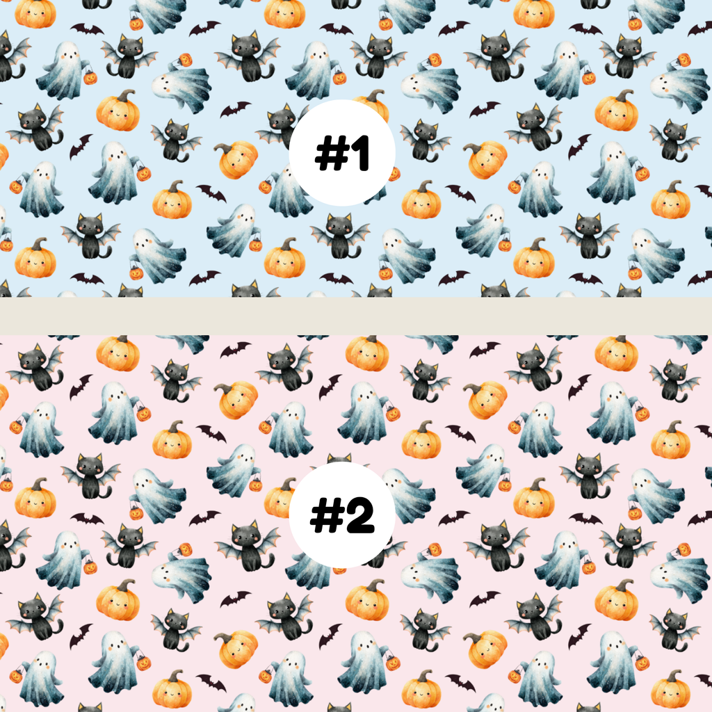 Two Halloween-themed repeating pattern swatches labeled #1 and #2. The top pattern #1 has a light blue background with black cats, white ghosts, orange pumpkins, and small black bats.
 The bottom pattern #2 has a light pink background with black cats, white ghosts, orange pumpkins, and small black bats.