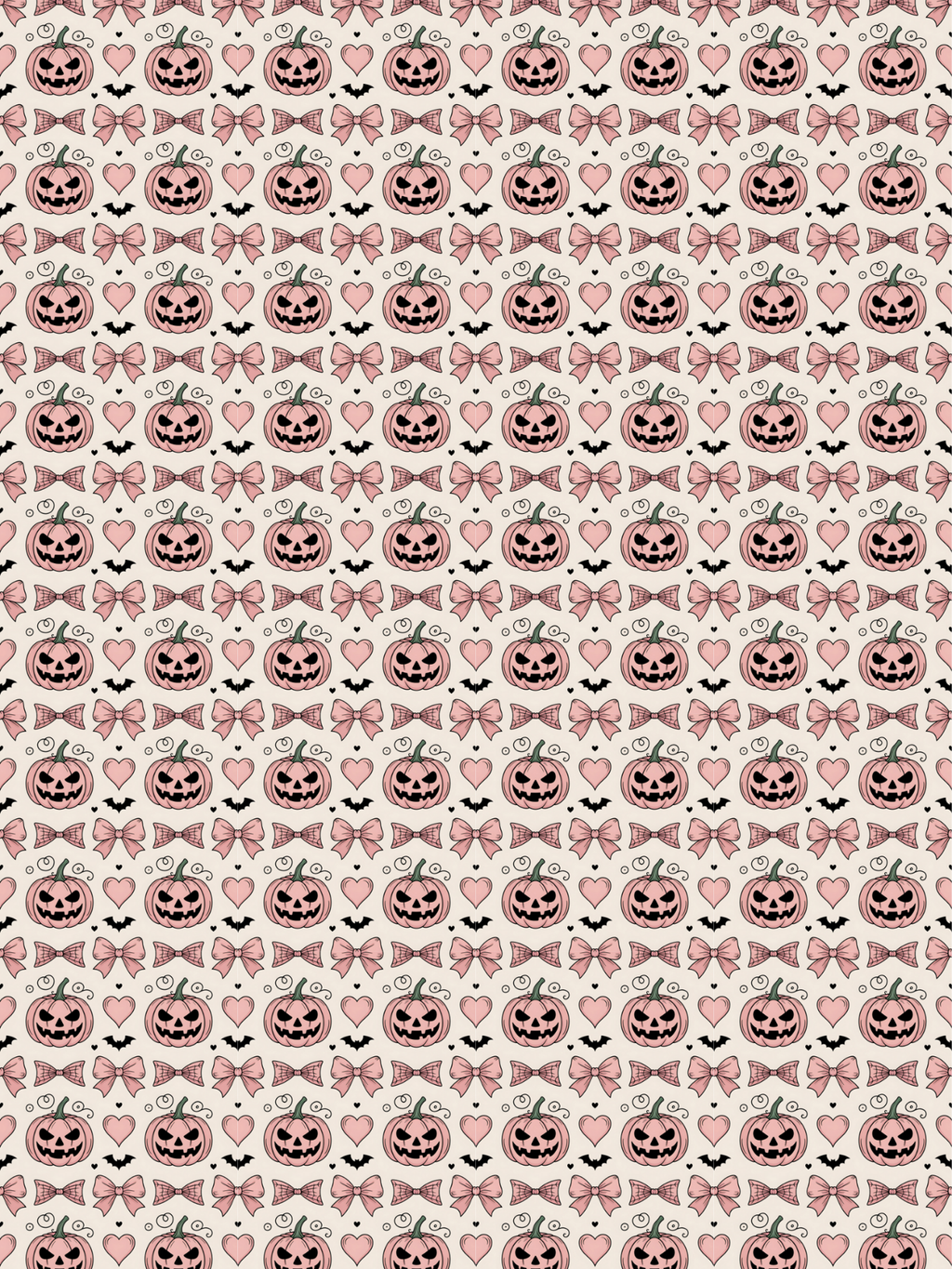 Tubie tape with a repeating Halloween pattern featuring pink jack-o'-lanterns, hearts, bows, and small black bats on a light cream background.