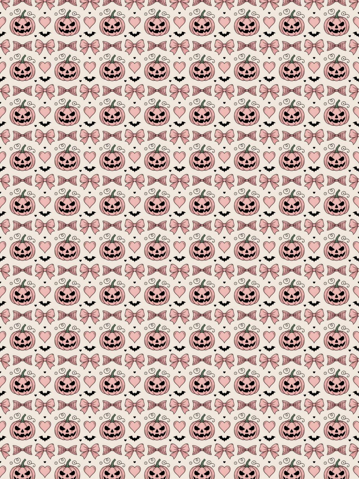 Tubie tape with a repeating Halloween pattern featuring pink jack-o'-lanterns, hearts, bows, and small black bats on a light cream background.