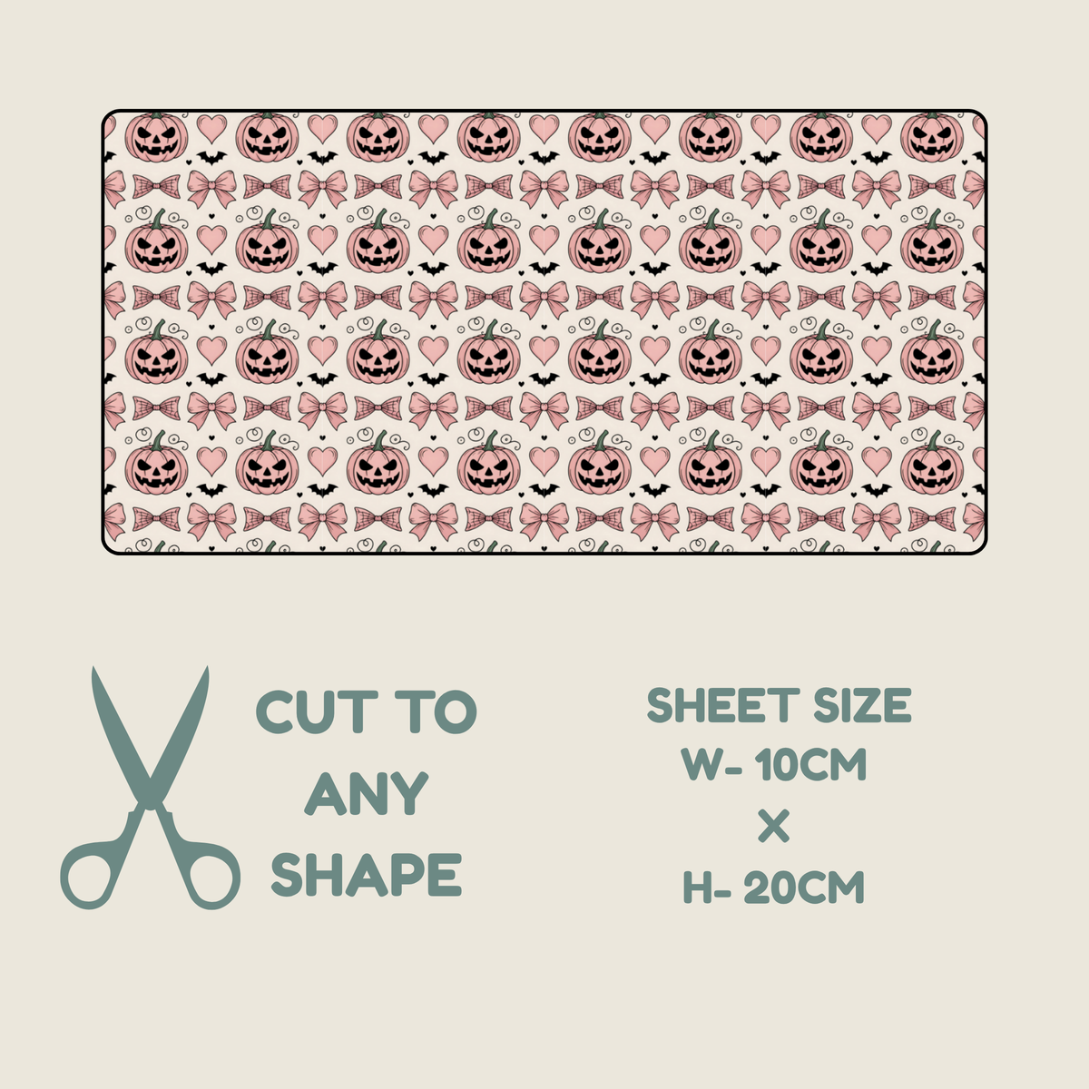 Tubie tape with a repeating Halloween pattern featuring pink jack-o'-lanterns, hearts, bows, and small black bats on a light cream background. A beige rectangular sheet with rounded corners on a light beige background, with text below reading 'CUT TO ANY SHAPE' next to scissors and 'SHEET SIZE W-10CM x H-20CM'.