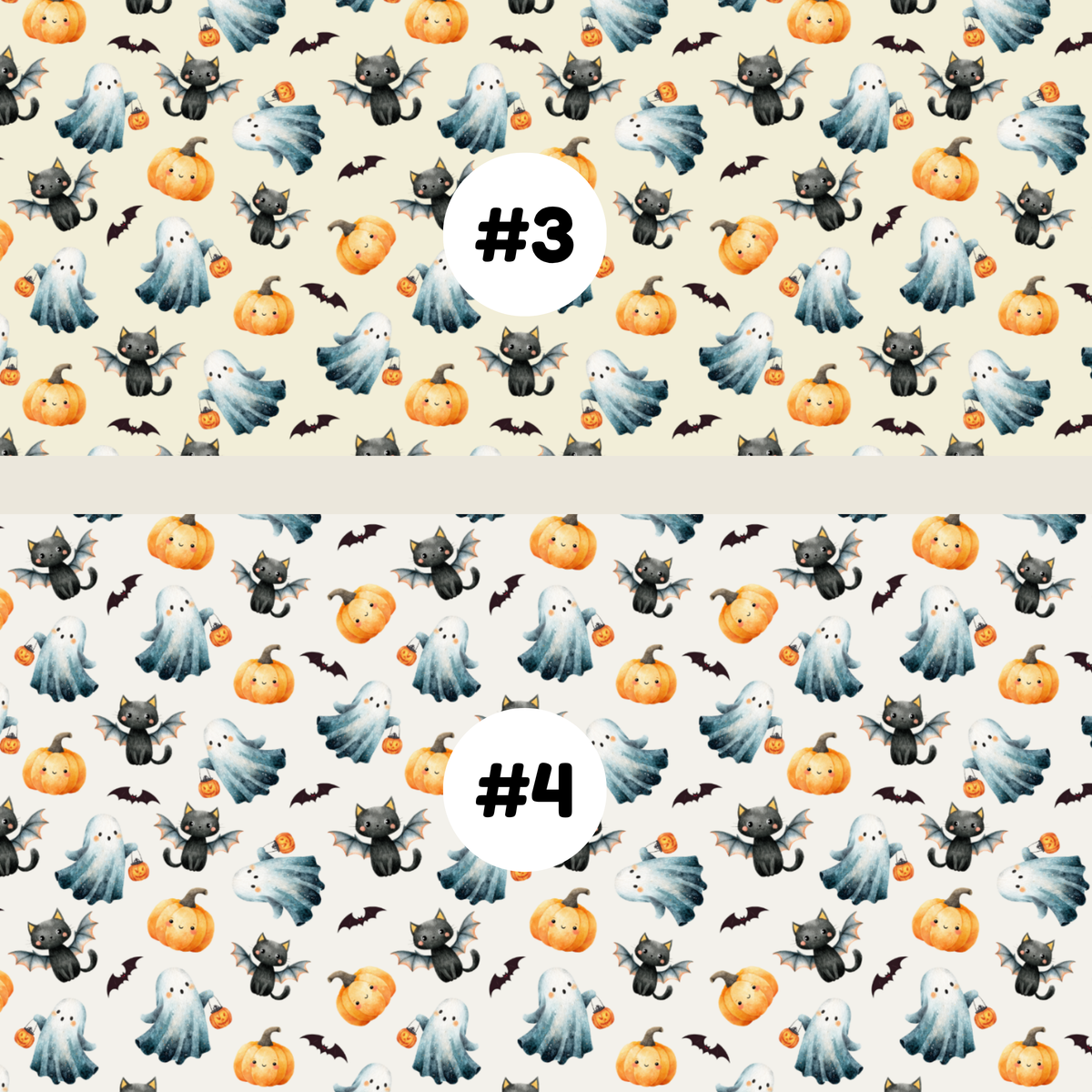 Two Halloween-themed repeating pattern swatches labeled #3 and #4. The top pattern #3 has a light green background with black cats, white ghosts, orange pumpkins, and small black bats.
 The bottom pattern #4 has a light grey background with black cats, white ghosts, orange pumpkins, and small black bats.