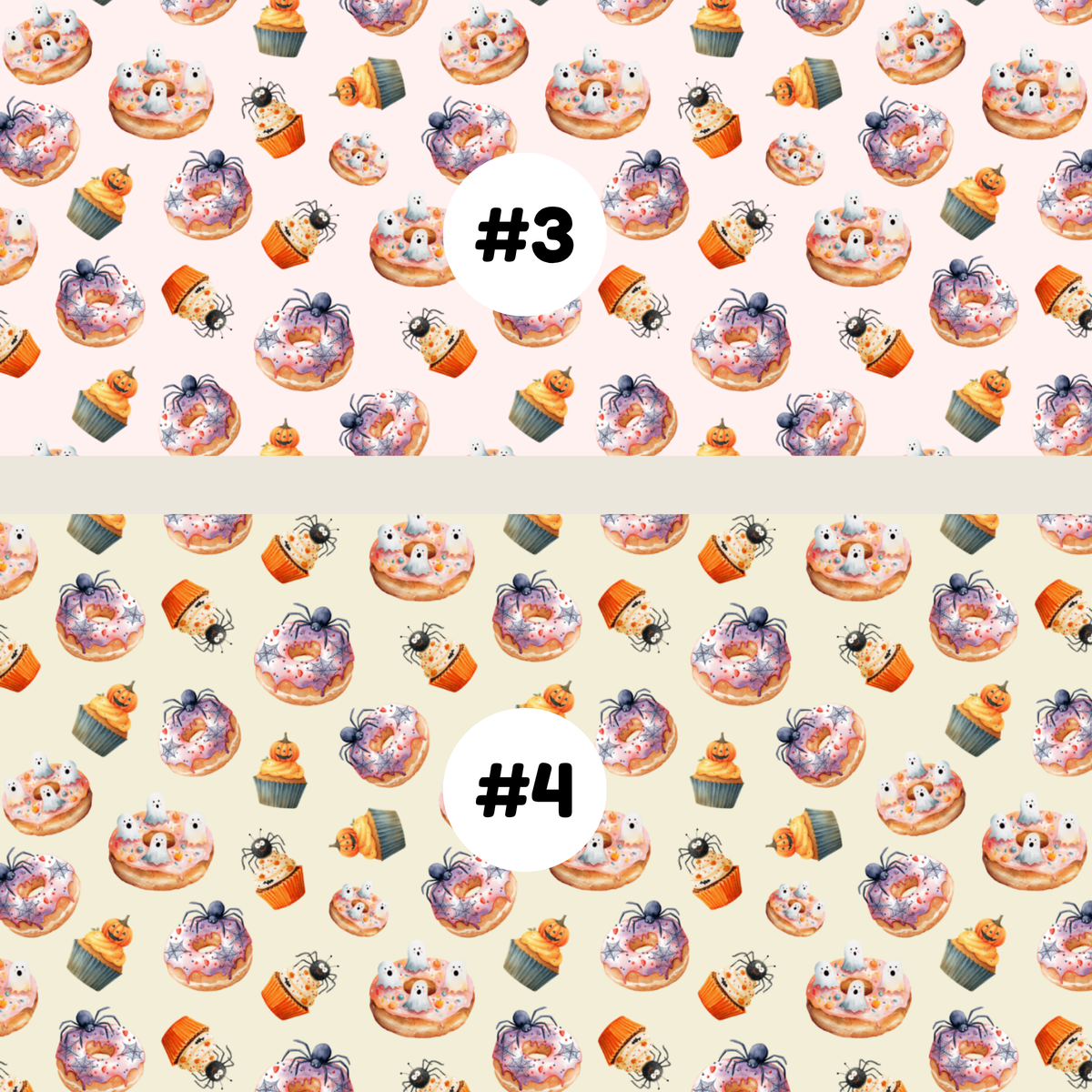 Two Halloween-themed repeating pattern swatches labeled #3 and #4. #3 pattern has a pink background with orange, purple, and brown spooky donuts, cupcakes, spiders, and ghosts.
 #4 pattern has a light green background with orange, purple, and brown spooky donuts, cupcakes, spiders, and ghosts.