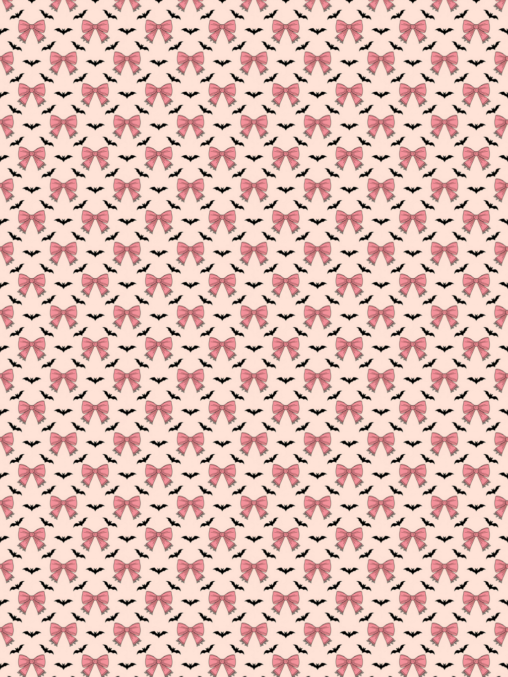 A repeating Halloween-themed pattern featuring pink bows and small black bats on a pale pink background.