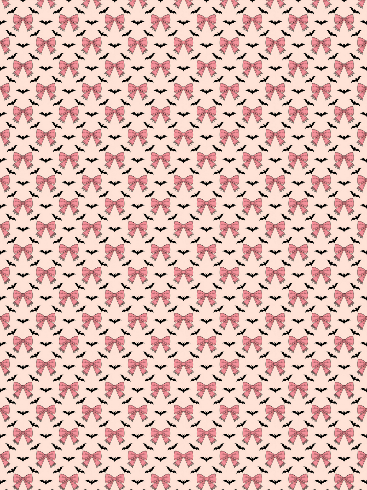 A repeating Halloween-themed pattern featuring pink bows and small black bats on a pale pink background.