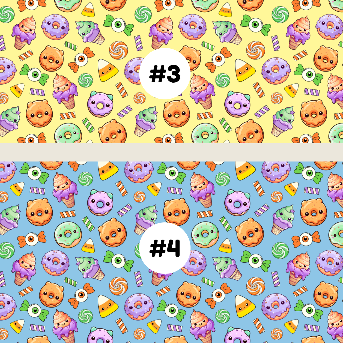 Two repeating candy-themed pattern swatches labeled #3 and #4. The top swatch #3 has a yellow background with small illustrated treats including donuts, lollipops, ice cream cones, candy corn, and ghosts in pastel colors.
the bottom swatch #4 blue background with small illustrated treats including donuts, lollipops, ice cream cones, candy corn, and ghosts in pastel colors.