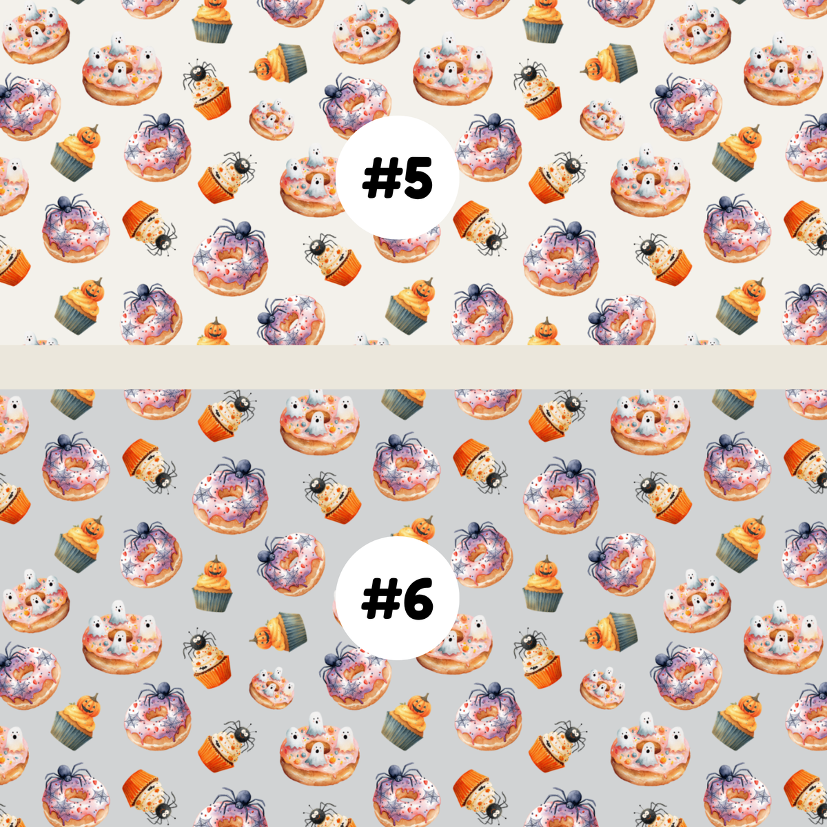 Two Halloween-themed repeating pattern swatches labeled #5 and #6. #5 pattern has a cream background with orange, purple, and brown spooky donuts, cupcakes, spiders, and ghosts.
 #6 pattern has a light grey background with orange, purple, and brown spooky donuts, cupcakes, spiders, and ghosts.